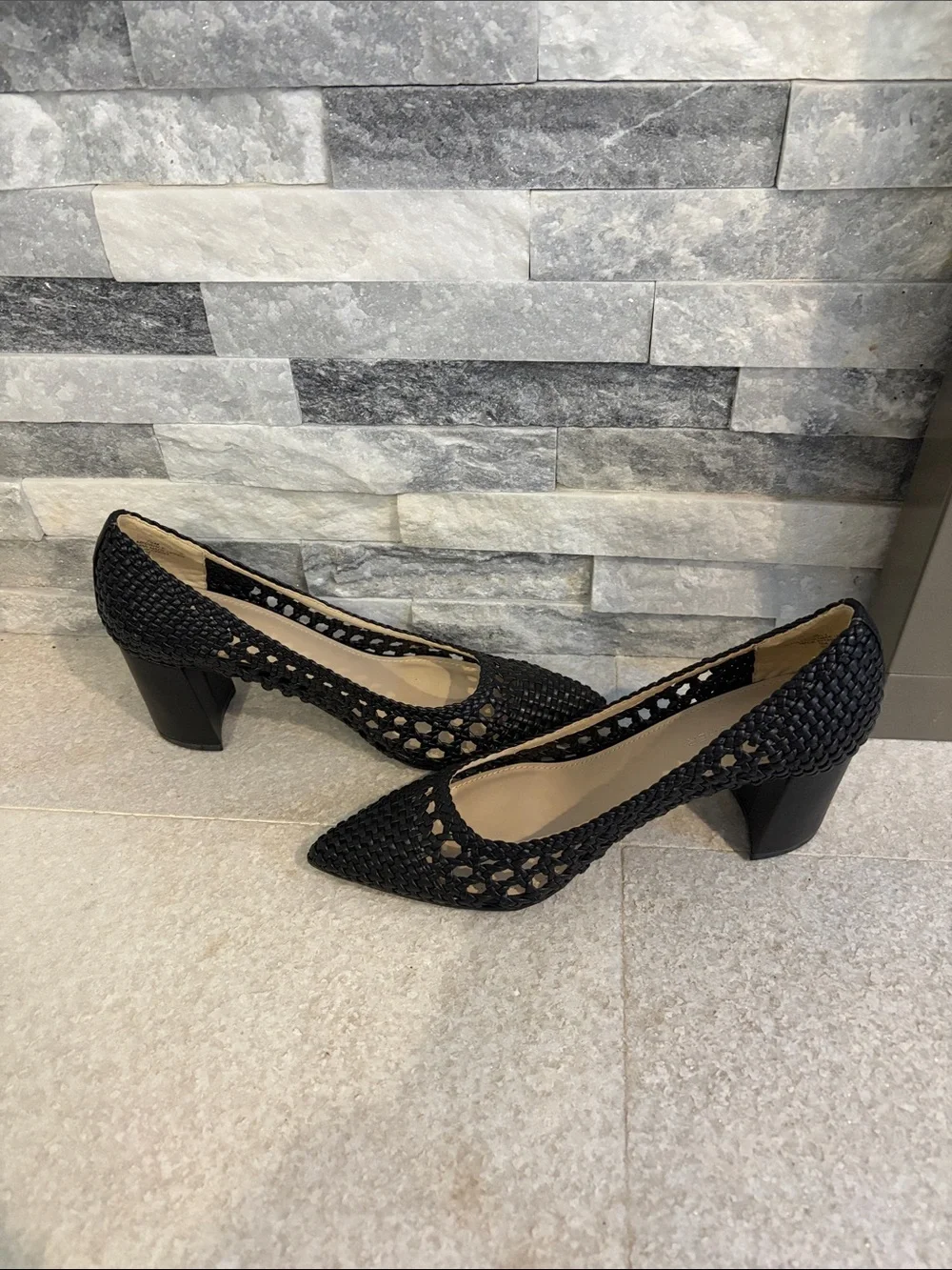 Marc Fisher Viviane Black Woven Pointed Toe Block Heel Pumps Women's Size 7.5